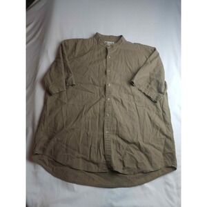 Gulf Traders Mens Large Linen Blend Band Collar Short Sleeve Shirt Olive Green